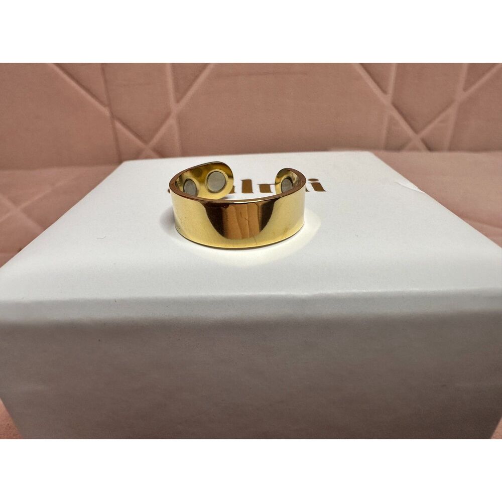 Calmi Gold Tone Magnetic Adjustable Ring Wide Band Open Cuff Wellness Jewelry